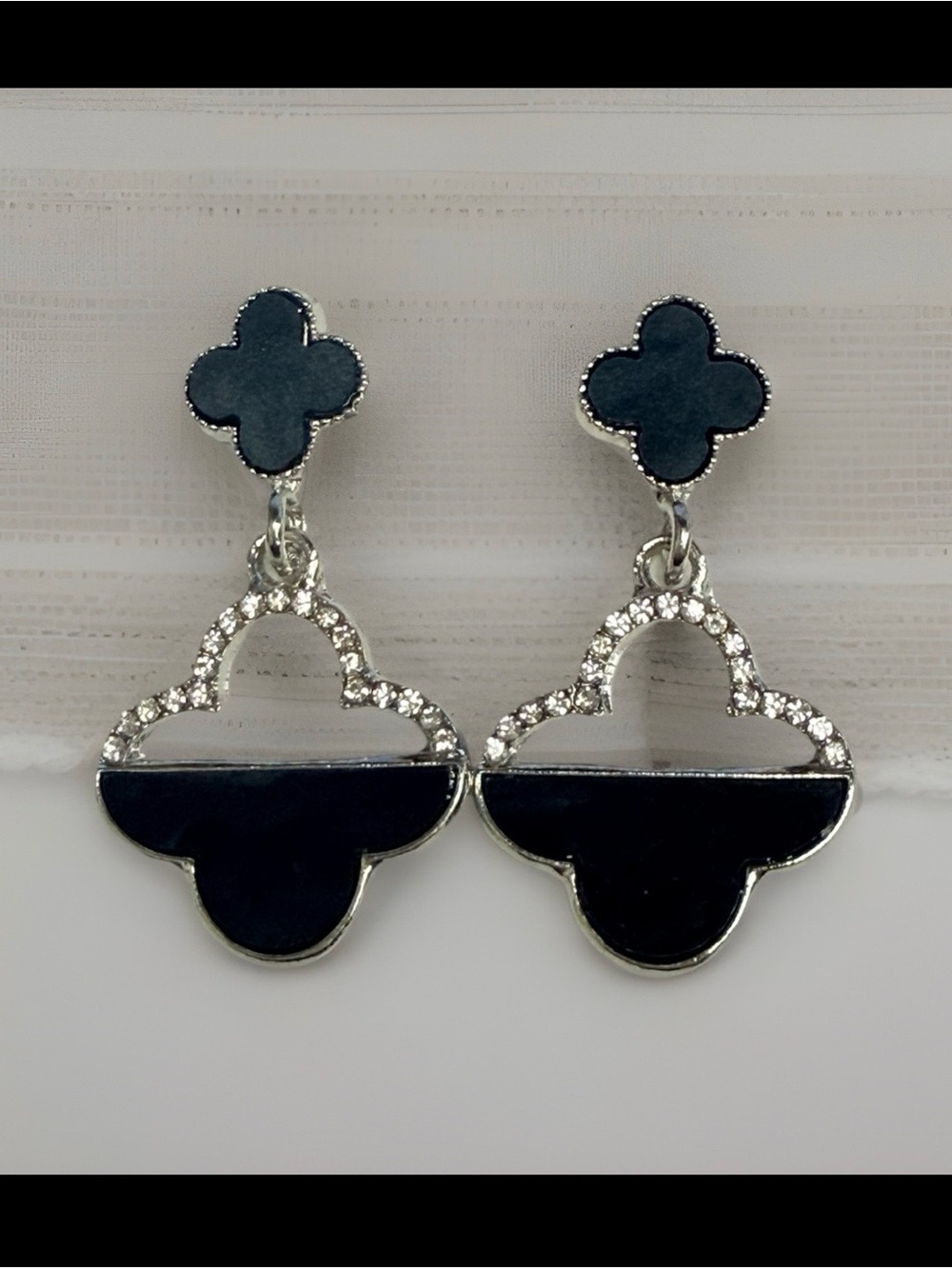Black Clover Drop Earrings with Silver Accents